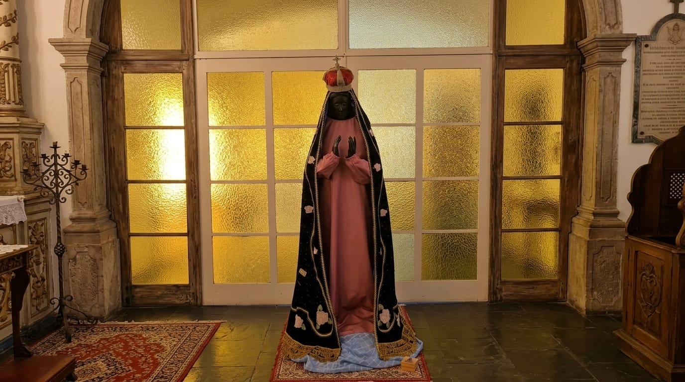 Imagem de Nossa Senhora Aparecida vestida de rosa com manto negro em interior de igreja
