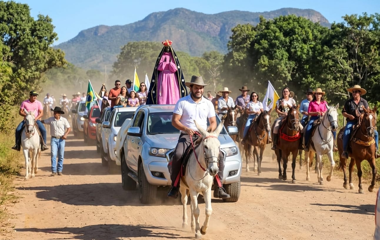 Cavalgada com a imagem de Nossa Senhora Aparecida vestida de rosa em estrada de terra
